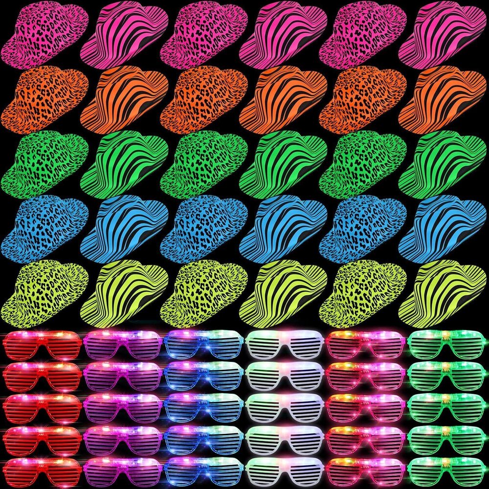 1328 60 Pack Party Hats Led Glasses Including 30 Neon Animal Print Plastic